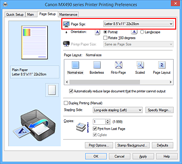 Canon : PIXMA Manuals : MX490 series : Setting a Page Size and
